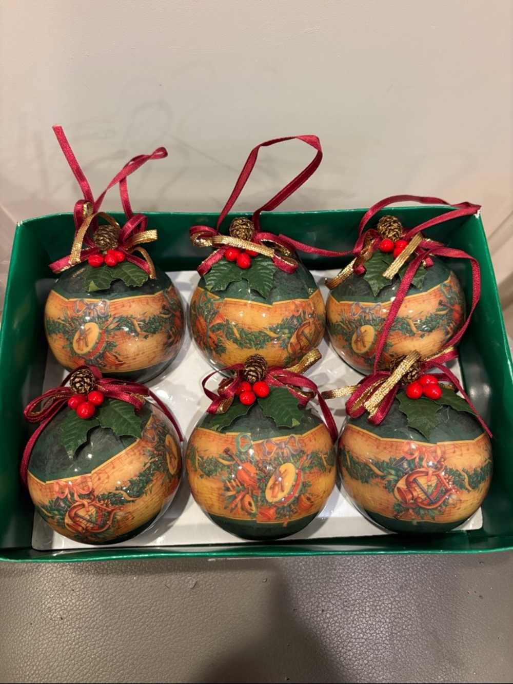Vintage Old World Victorian-style Paper Mache Christmas 2.75” Ornaments Set of 6